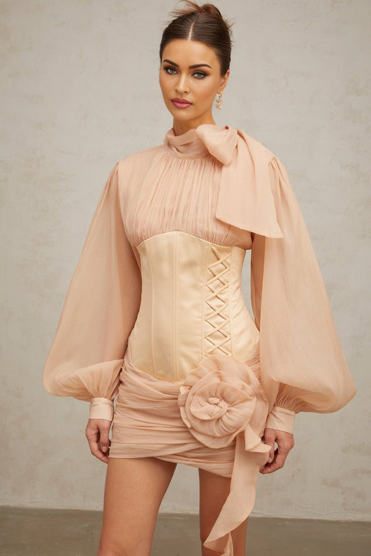 Eden Neutrals Mini Dress with Ribbon Tie-Neck and Floral Appliqué