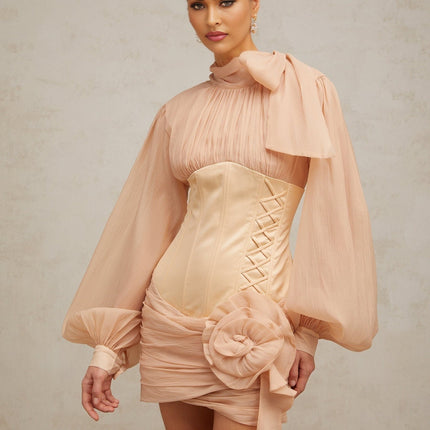 Eden Neutrals Mini Dress with Ribbon Tie-Neck and Floral Appliqué