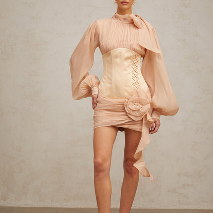 Eden Neutrals Mini Dress Ribbon Tie-Neck Floral Appliqué Puff Sleeves Boned Bodice Cinched Waist Pleats Ruching Curved Hem Polyester Nylon Thigh-Length