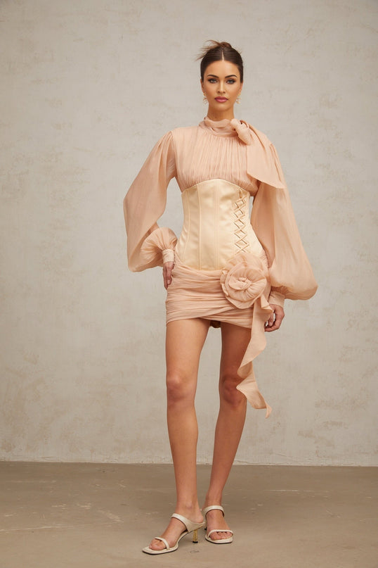 Eden Neutrals Mini Dress Ribbon Tie-Neck Floral Appliqué Puff Sleeves Boned Bodice Cinched Waist Pleats Ruching Curved Hem Polyester Nylon Thigh-Length
