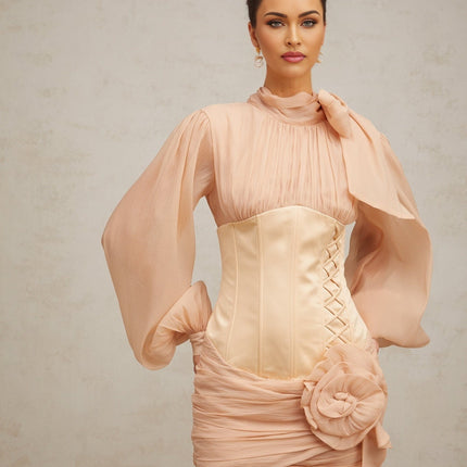 Eden Neutrals Floral Appliqué Ribbon Tie Mini Dress