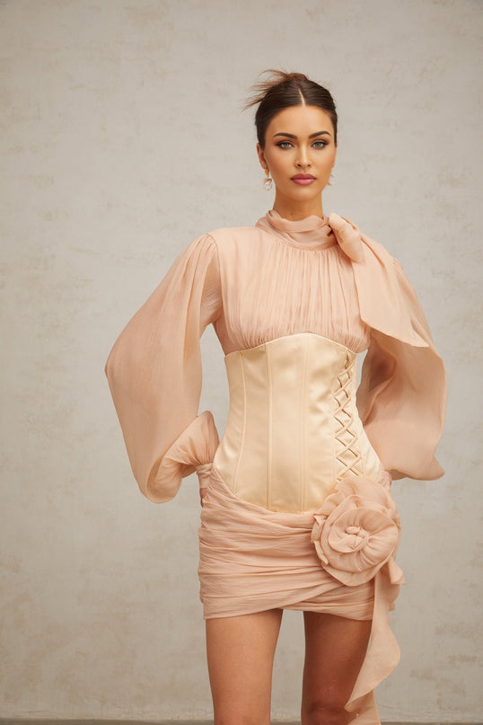 Eden Neutrals Floral Appliqué Ribbon Tie Mini Dress
