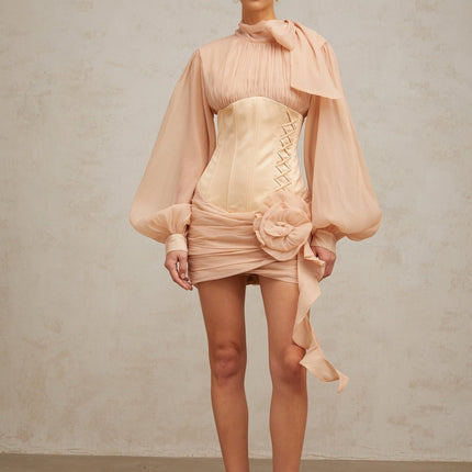 Eden Neutrals Mini Dress with Ribbon Tie-Neck and Floral Appliqué