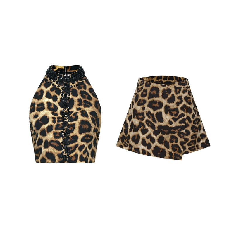 Eden Yellow Crystal Leopard Print Skirt Top Set