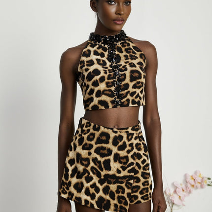 Eden Yellow Crystal Leopard Print Skirt Top Set