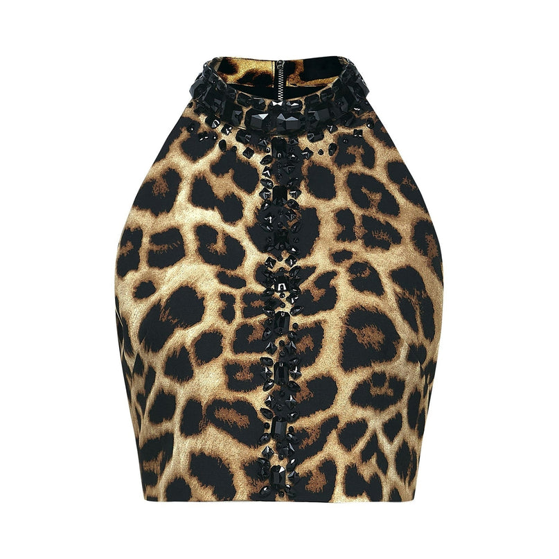 Eden Yellow Leopard Crystal Embellished Skirt Top Set