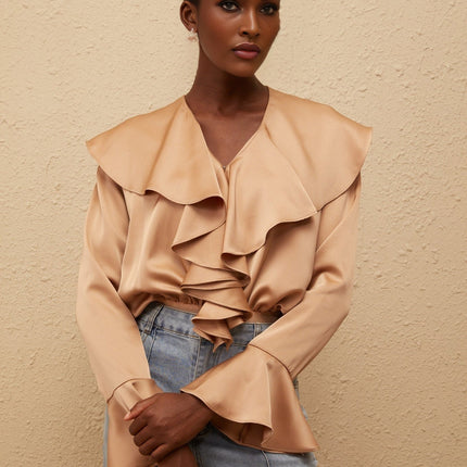 Édith Brown Ruffled Satin Bodysuit V-neck Flared Cuffs Hook Fastening Terylene Spandex