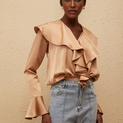 Édith Brown Ruffled Satin Bodysuit V-neck Flared Cuffs Hook Fastening Terylene Spandex
