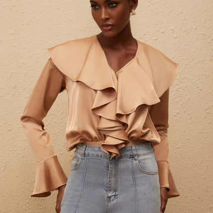 Édith Brown Satin Ruffled Bodysuit