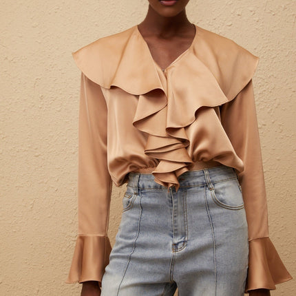 Édith Brown Satin Ruffled Bodysuit