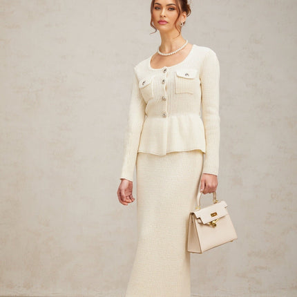 Edvige White Knitted Peplum Skirt Top Set Embossed Silver Buttons