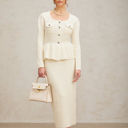 Edvige White Knitted Peplum Skirt Top Set