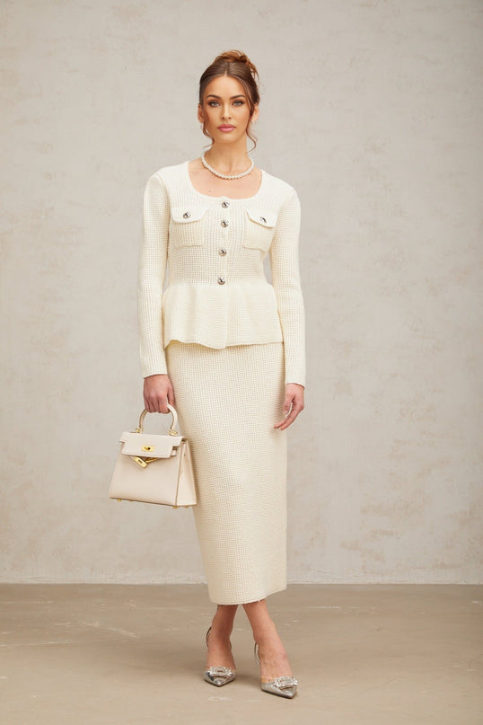 Edvige White Knitted Peplum Skirt Top Set