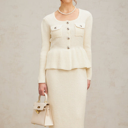 Edvige White Knitted Peplum Skirt Top Set