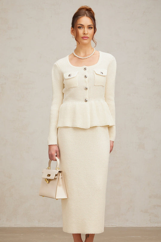 Edvige White Knitted Peplum Skirt Top Set