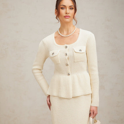 Edvige White Knitted Peplum Skirt Top Set