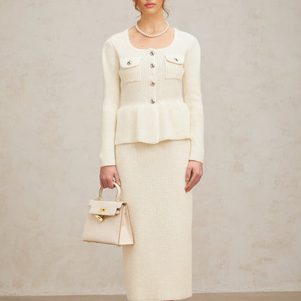Edvige White Knitted Peplum Skirt Top Set