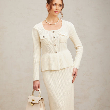 Edvige White Knitted Peplum Skirt Top Set