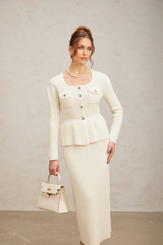 Edvige White Knitted Peplum Skirt Top Set