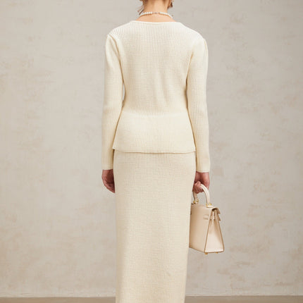 Edvige White Knitted Peplum Skirt Top Set