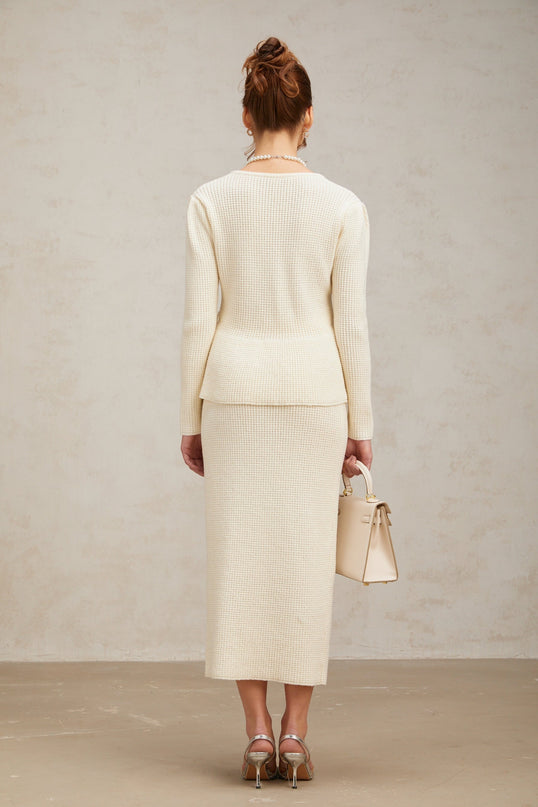 Edvige White Knitted Peplum Skirt Top Set