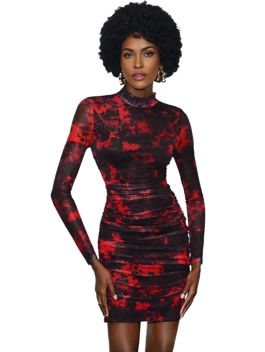Daniela Short Dress with Ruching and Long Sleeves in Red - modified image