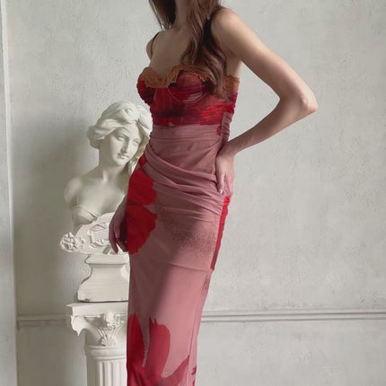 Églantine Brown Floral Print Mesh Maxi Dress