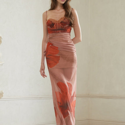 Églantine Brown Floral Print Mesh Maxi Dress