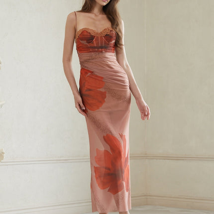 Églantine Brown Floral Print Mesh Maxi Dress