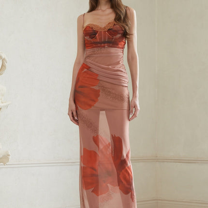 Églantine Brown Floral Print Mesh Maxi Dress