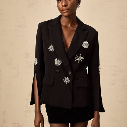 Egle Black Crystal Embellished Blazer with Slitted Cuffs and Peaked Lapels