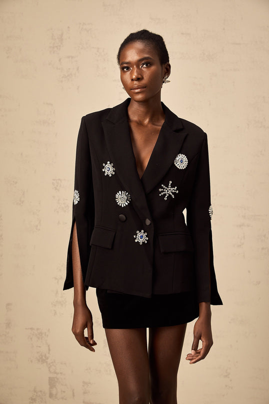 Egle Black Crystal Embellished Blazer with Slitted Cuffs and Peaked Lapels