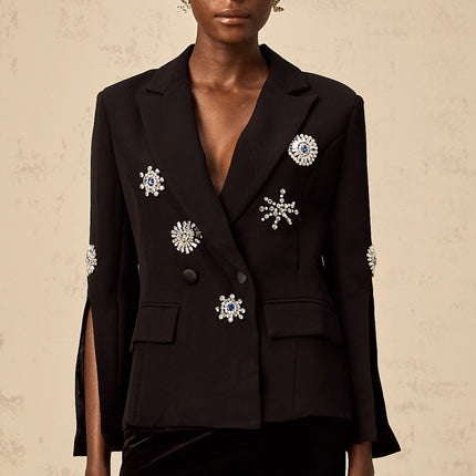 Egle Black Crystal Embellished Blazer with Cinched Waist and Front Button Fastening