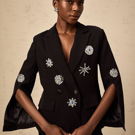 Egle Black Crystal Embellished Blazer with Cinched Waist and Front Button Fastening