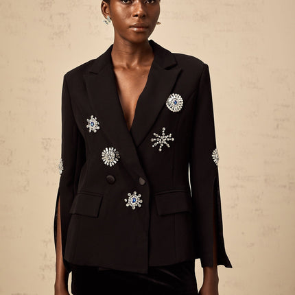 Egle Black Crystal Embellished Blazer with Cinched Waist and Front Button Fastening