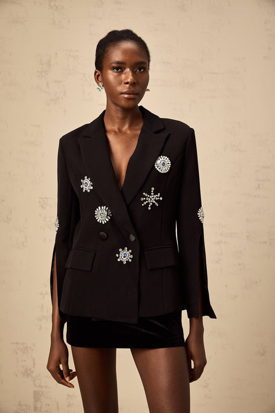 Egle Black Crystal Embellished Blazer with Cinched Waist and Front Button Fastening