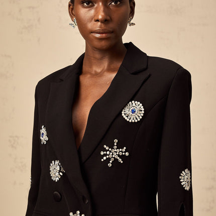 Egle Black Crystal Embellished Blazer with Cinched Waist and Front Button Fastening