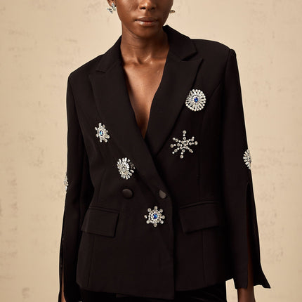 Egle Black Crystal Embellished Blazer with Slitted Cuffs and Peaked Lapels