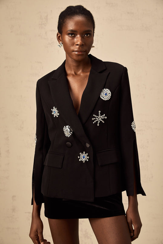 Egle Black Crystal Embellished Blazer with Slitted Cuffs and Peaked Lapels