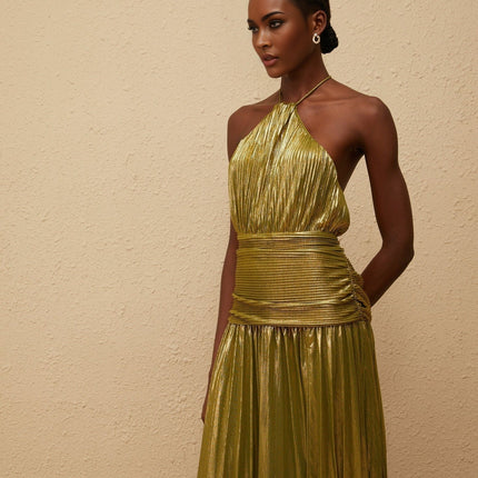 Egle Green Maxi Dress with Metallic Threading and Pleated Design