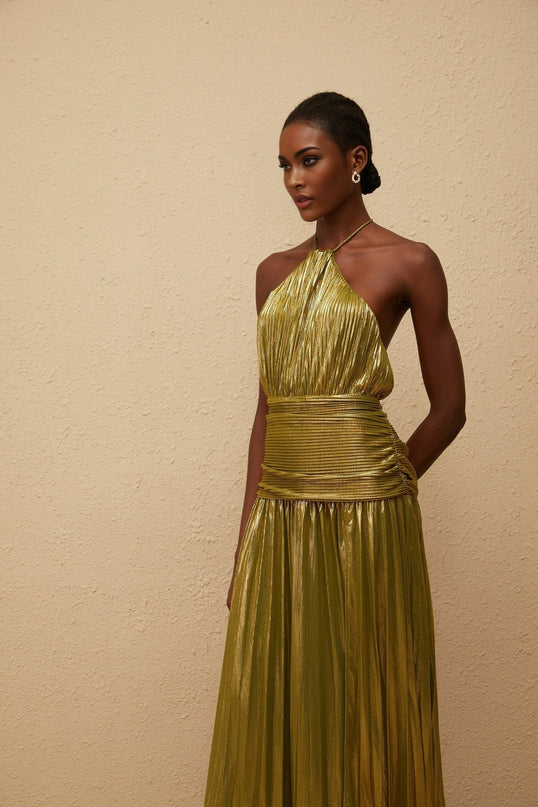 Egle Green Maxi Dress with Metallic Threading and Pleated Design