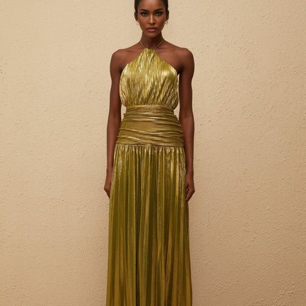 Egle Green Maxi Dress with Metallic Threading and Pleated Design