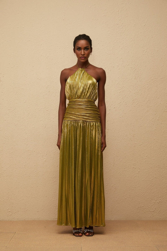 Egle Green Maxi Dress with Metallic Threading and Pleated Design