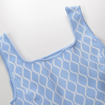 Egle Light Blue Flared A-line Dress with Wavy Pattern and Square Neckline