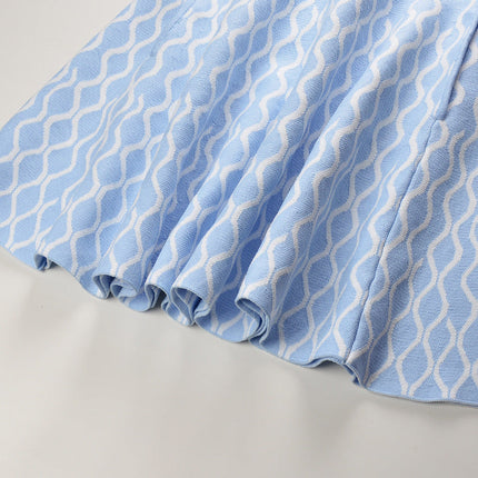 Egle wearing Light Blue Wavy Pattern Flared A-line Dress for Casual Outings and Garden Parties in Spring and Summer