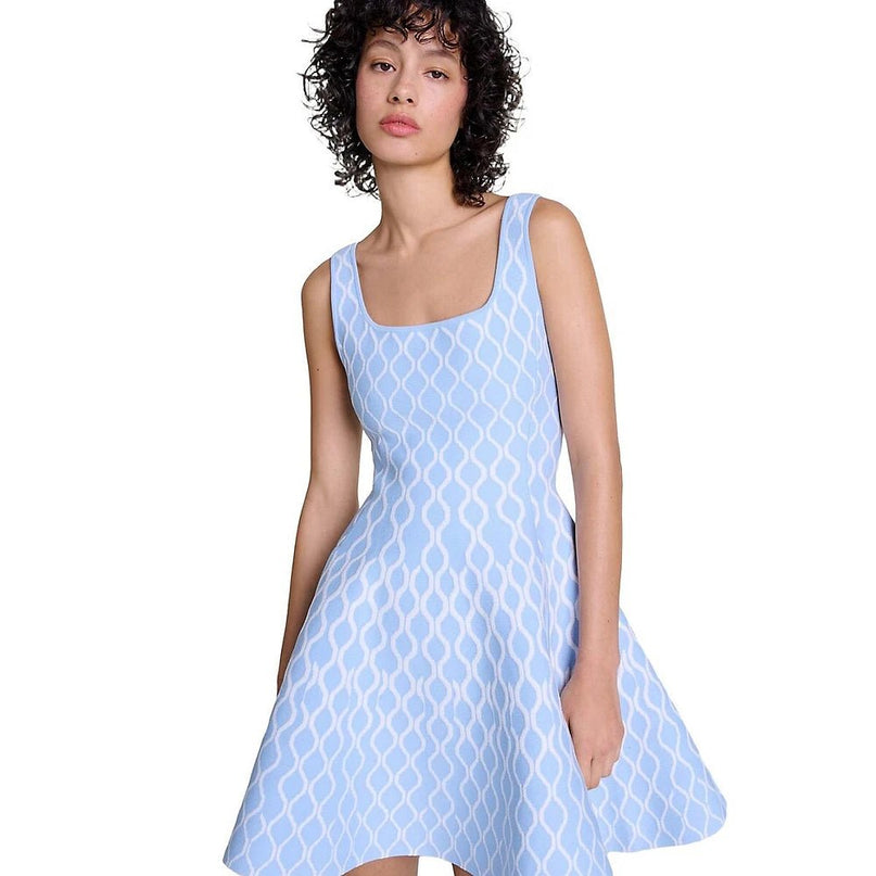 Egle wearing Light Blue Wavy Pattern Flared A-Line Dress