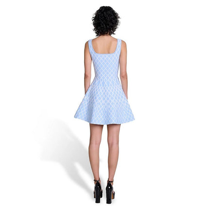 Egle wearing Light Blue Wavy Pattern Flared A-line Dress for Casual Outings and Garden Parties in Spring and Summer