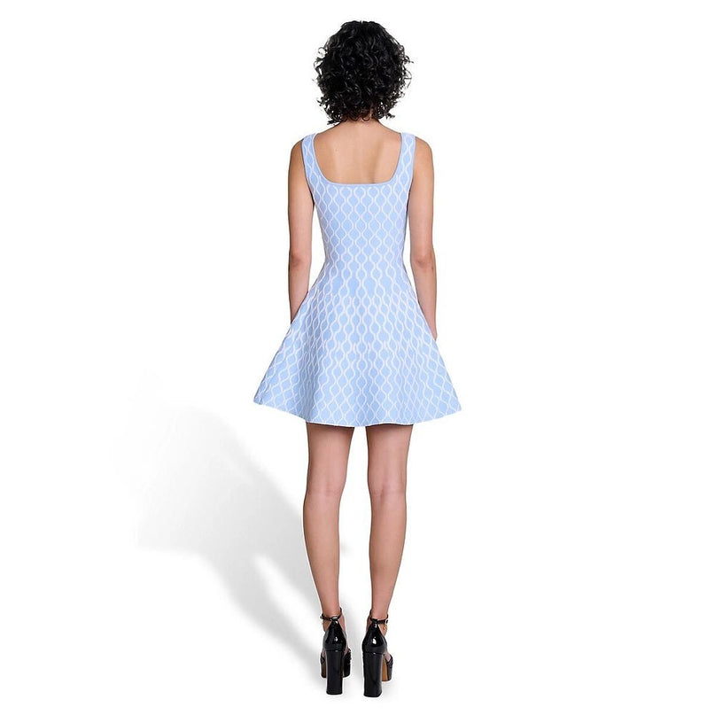 Egle wearing Light Blue Wavy Pattern Flared A-line Dress for Casual Outings and Garden Parties in Spring and Summer