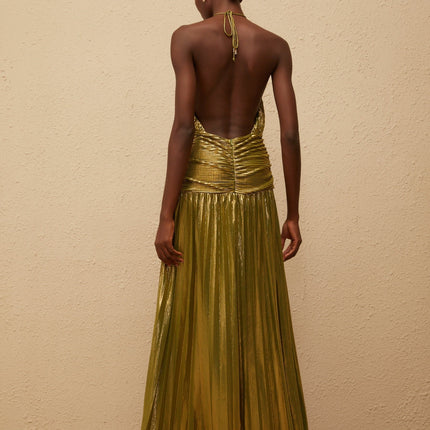 Egle Maxi Dress in Green with Metallic Threading and Pleated Design