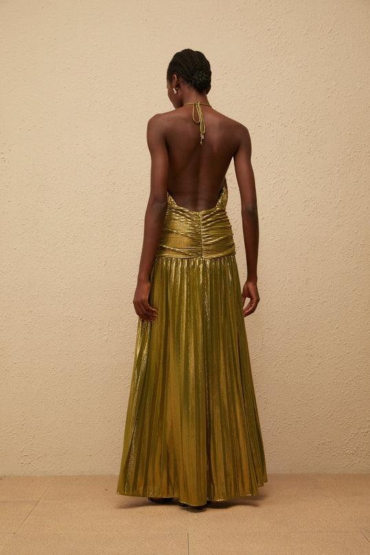 Egle Maxi Dress in Green with Metallic Threading and Pleated Design
